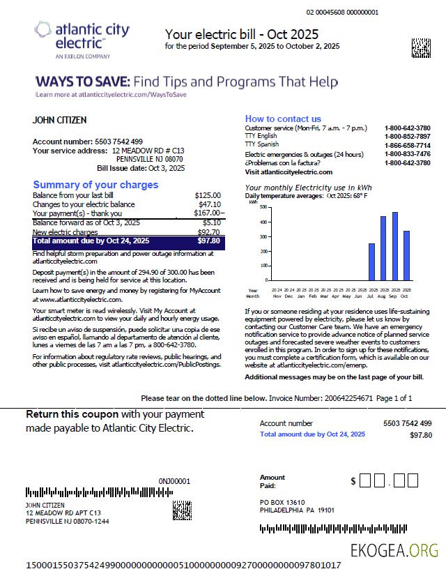 Usa Atlantic city electric utility bill template in word and pdf formats template